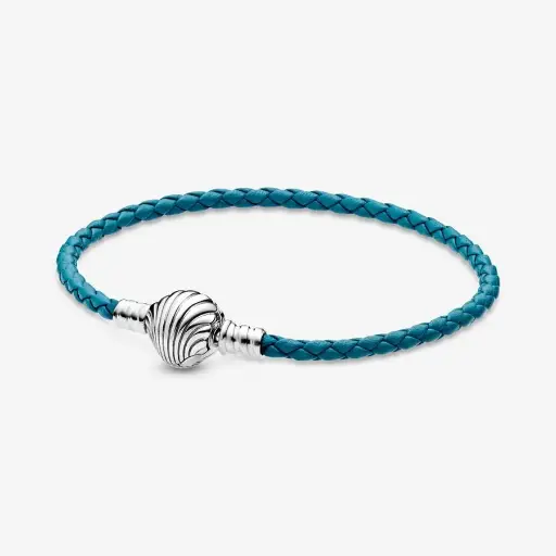 Pulsera Pandora Moments en Cuero Trenzado Turquesa con Cierre de Concha